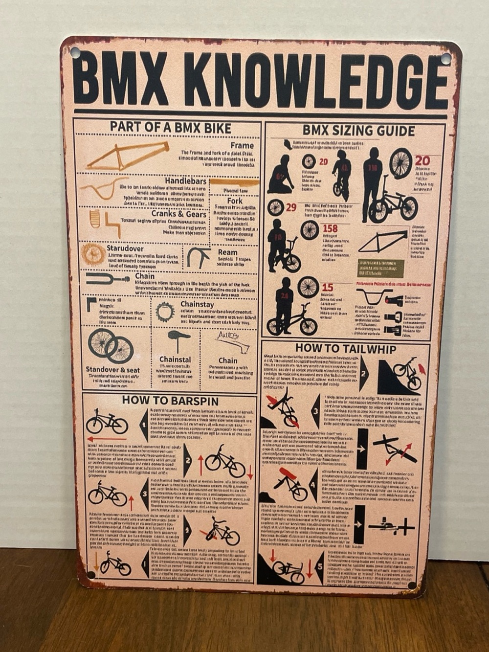 Vintage Style Sign BMX Bike Knowledge. Parts, Sizing, Barspin, Tailwhip. Mancave